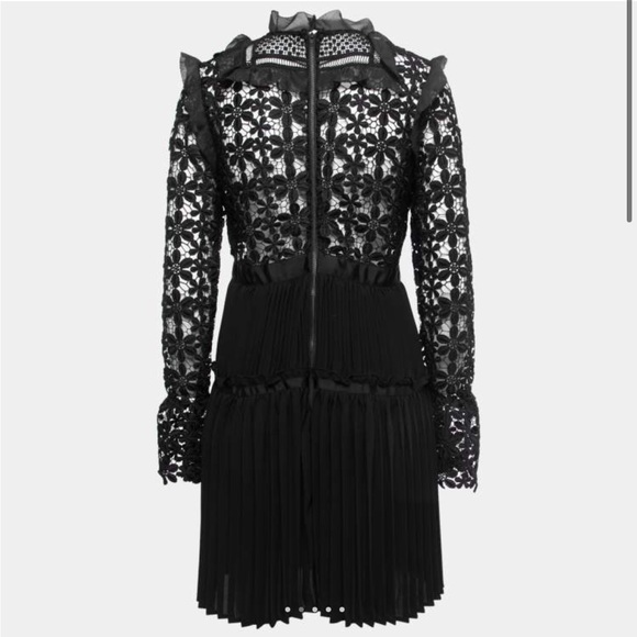 Self-Portrait Black Guipure Lace & Organza Trim Pleated Adeline Dress 4 - Picture 12 of 13